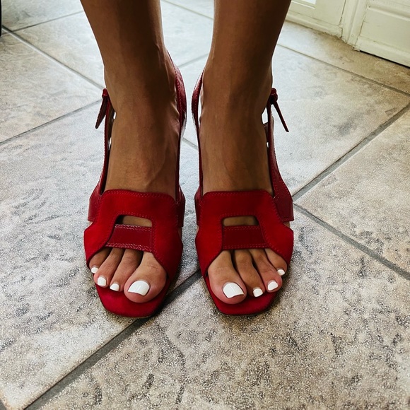 RED YSL Patten Leather & Suede mix high heels sandals. Open Toe, Slingback - Picture 9 of 16